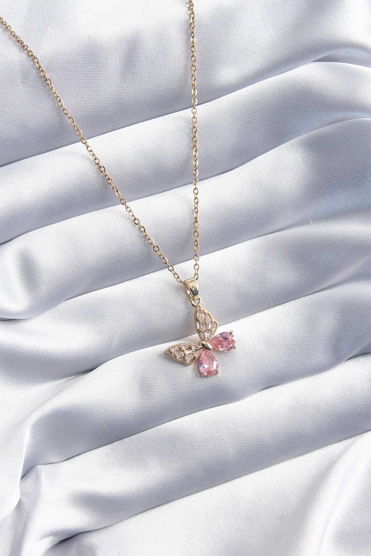 316L Çelik Gold Renk Pembe Zirkon Taşlı Kelebek Model Kadın Kolye
