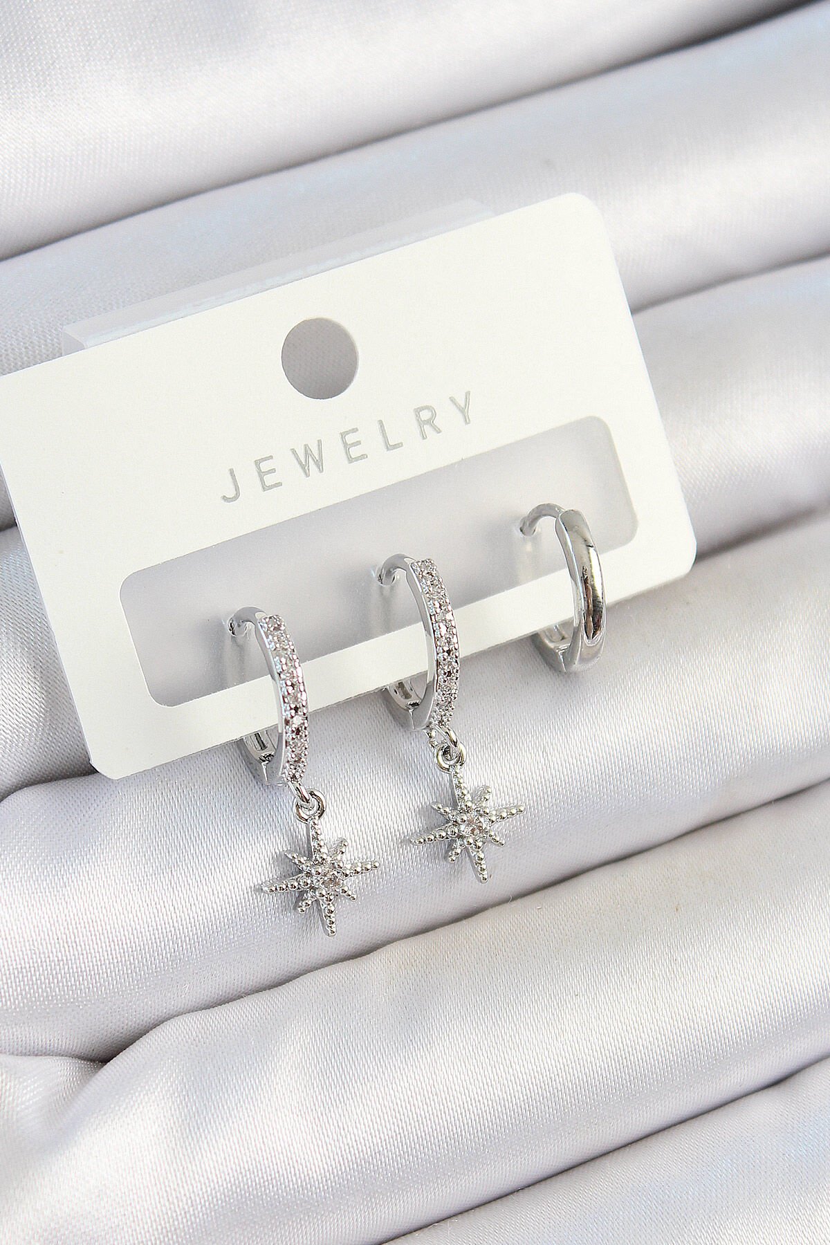 Pirinç Zirkon Taşlı Kutup Yıldızı Model Gümüş Renk 3'lü Çift Kadın Küpe Set