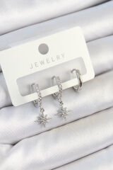 Pirinç Zirkon Taşlı Kutup Yıldızı Model Gümüş Renk 3'lü Çift Kadın Küpe Set