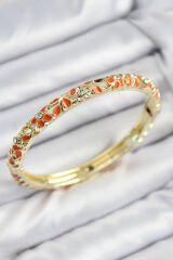 Mineli Pirinç Zirkon Taşlı Turuncu Çiçek Motifli Gold Kadın Kelepçe