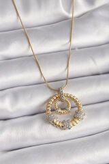 316L Çelik Gold Renk Zincir Gümüş Zirkon Taşlı Madalyon Model Kadın Kolye