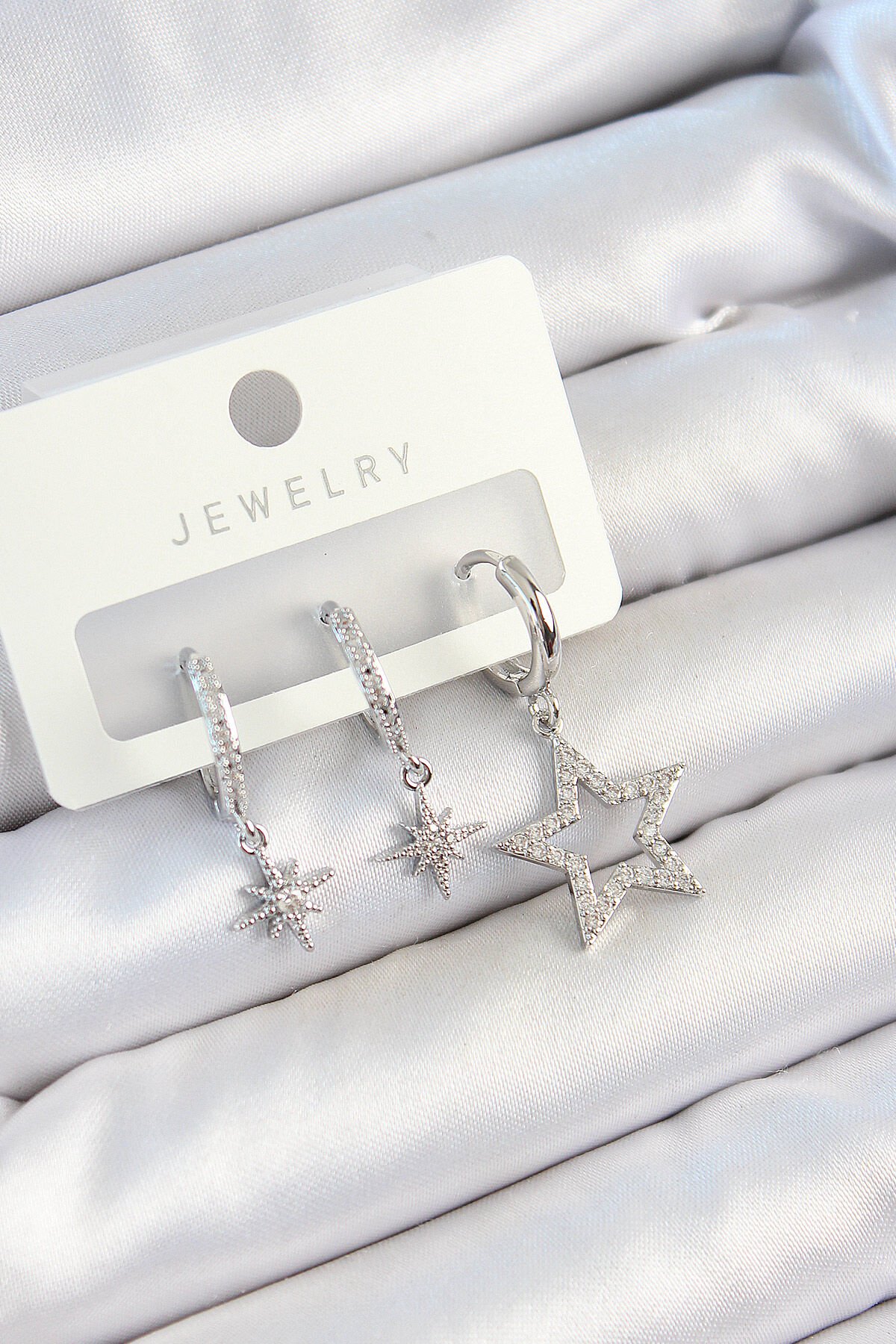 Pirinç Zirkon Taşlı Yıldız Model Gümüş Renk 3'lü Çift Kadın Küpe Set