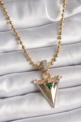 316L Çelik Gold Renk Topçuk Zincir Zirkon Taşlı 3D Üçgen Model Kadın Kolye