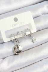 Pirinç Zirkon Taşlı Sallantılı Yıldız Model Gümüş Renk 3'lü Çift Kadın Küpe Set