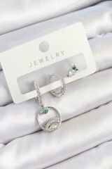 Pirinç Zirkon Taşlı Göz Ve Baykuş Model Gümüş Renk 3'lü Çift Kadın Küpe Set