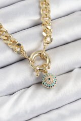 Pirinç Zirkon Taşlı Nazar Boncuk Detaylı Klasik Zincir Model Gold Renk Kadın Kolye
