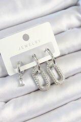 Pirinç Zirkon Taşlı Dikdörtgen Model Gümüş Renk 3'lü Çift Kadın Küpe Set