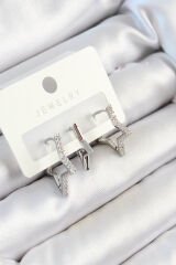 Pirinç Zirkon Taşlı Yıldız Model Gümüş Renk 3'lü Çift Kadın Küpe Set