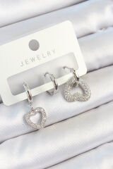Pirinç Zirkon Taşlı Kalp Model Gümüş Renk 3'lü Çift Kadın Küpe Set