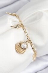 Pirinç Zirkon Taşlı İncili İstiridye Model Gold Renk Kadın Bileklik