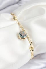 Pirinç Zirkon Taşlı Nazar Boncuğu Model Gold Renk Kadın Bileklik