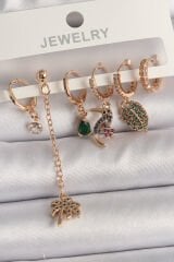 Pirinç Gold Renk Sallantı Zirkon Taşlı Ağaç Figür Kadın Küpe Seti
