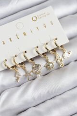 Pirinç Zirkon Taşlı İstiridye Balina Ve Yıldız Gold Renk 6'lı Küpe Set