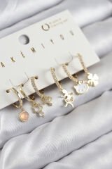 Pirinç Zirkon Taşlı Hello Kity Ve Yonca Model Gold Renk 6'lı Küpe Set