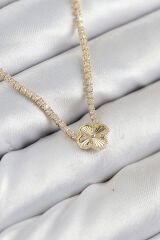 Pirinç Zirkon Taşlı Yonca Model Gold Renk Kadın Kolye