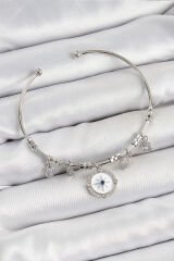 Pirinç Zirkon Taşlı Pusula Model Gümüş Renk Charm Bileklik