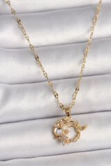 316L Çelik Gold Renk Zincir Zirkon Taşlı Sinek Kuşu Figür Çiçek Figür Kadın Kolye