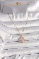 316L Çelik Gold Renk Zincir Pembe Zirkon Taşlı Çiçek Figür Kalp Detay Kadın Kolye