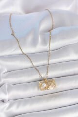 316L Çelik Gold Renk Zincir Zirkon Taşlı Açılır İncili Elmas Model Kadın Kolye