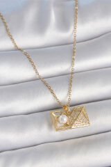 316L Çelik Gold Renk Zincir Zirkon Taşlı Açılır İncili Elmas Model Kadın Kolye