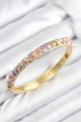 Mineli Pirinç Zirkon Taşlı Pembe Mor Çiçek Motifli Gold Kadın Kelepçe