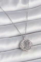 316L Çelik Gümüş Renk Zincir Ay Güneş Model Zirkon Taş Detay Kadın Kolye