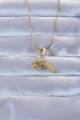 316L Altın Renk Zirkon Taşlı Fatma Ana Eli Yapraklı Kolye