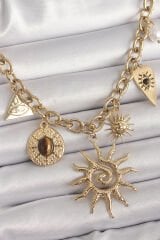 316L Çelik Gold Renk Halka Zincir Model Sallantı Güneş Figür Göz Detay Kadın Kolye