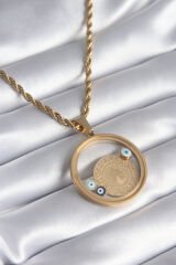 316L Çelik Gold Renk Burgu Zincir Çeyrek Figür Açılabilir Fanus Model Kadın Kolye