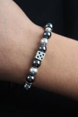 Doğal Taş Zar Model Gümüş Ve Füme Renk Asansörlü Erkek Bileklik