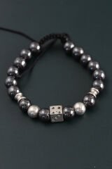 Doğal Taş Zar Model Gümüş Ve Füme Renk Asansörlü Erkek Bileklik