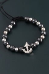 Doğal Taş Çapa Model Gümüş Ve Füme Renk Asansörlü Erkek Bileklik