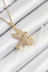 316L Çelik Zirkon Taşlı Yüzüklü Kuş Model Gold Renk Kadın Kolye