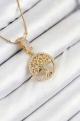 316L Çelik Zirkon Taşlı Hayat Ağacı Model Gold Renk Kadın Kolye