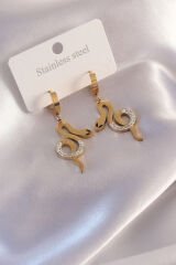 Çelik Gold Renk Yılan Figür Zirkon Taşlı Kadın Küpe