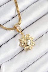 316L Çelik Zirkon Taşlı Güneş Model Gold Renk Kadın Kolye