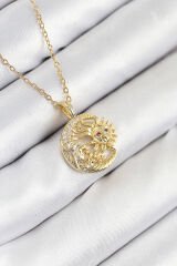 316L Çelik Zirkon Taşlı Ay Ve Güneş Model Gold Renk Kadın Kolye