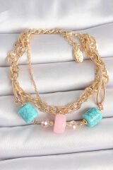 Pirinç Gold Renk Çoklu Zincir Model Mavi Taş Figürlü Kadın Bileklik