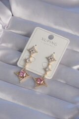 XUPİNG Gold Renk Pembe Zirkon Taşlı Yıldız Model Küpe