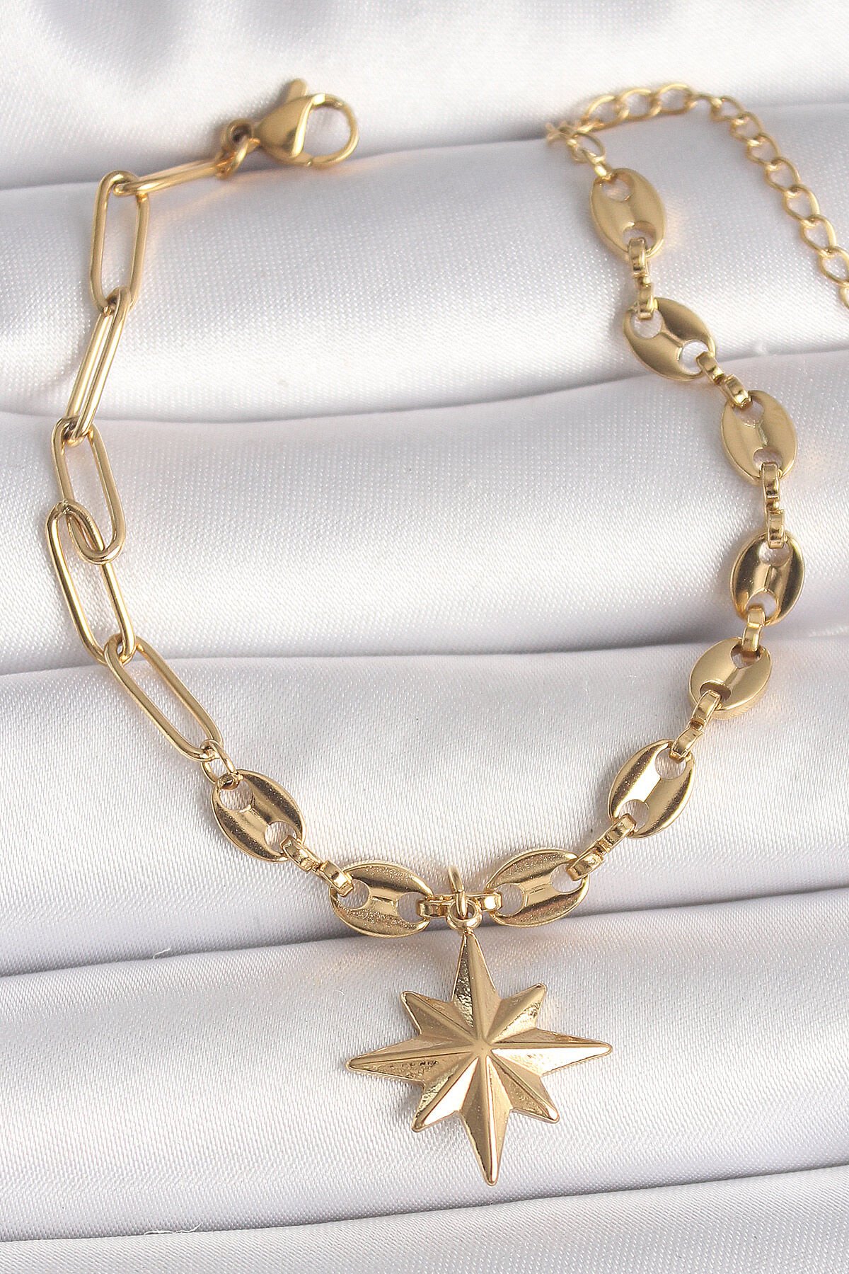 316L Çelik Gold Renk Arpa Zincir Model Sallantı Kutup Yıldız Figür Kadın Bileklik