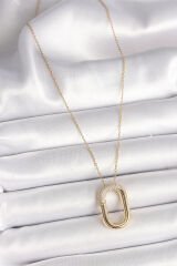 316L Çelik Gold Renk Zirkon Taşlı Oval Model Kadın Kolye