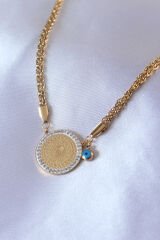 316L Çelik Gold Renk Zirkon Taşlı Çeyrek Altın Kadın Kolye