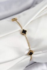 316L Çelik Siyah Sedef Yonca Model Gold Renk Kadın Bileklik