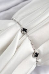 316L Çelik Siyah Sedef Yonca Model Gümüş Renk Kadın Bileklik