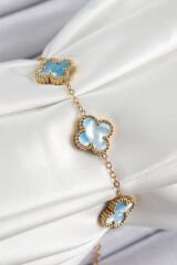 316L Çelik Mavi Sedef Yonca Model Gold Renk Kadın Bileklik