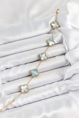 316L Çelik Mavi Sedef Yonca Model Gold Renk Kadın Bileklik