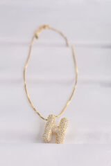 316L Çelik Zincirli Zirkon Taşlı H Harfli Gold Renk Bubble Kolye