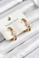 316L Çelik Renkli Zirkon Taşlı Kalpli Baget Halka Model Gold Renk Kadın Küpe