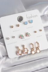 Pirinç Gold Renk Zirkon Taşlı Sallantı Halka Figür Kalp Detay 7 Çift Kadın Küpe