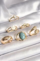 Pirinç Gold Renk Beyaz Gül Figürlü Düğüm Detay 6'Lı Kadın Yüzük Seti